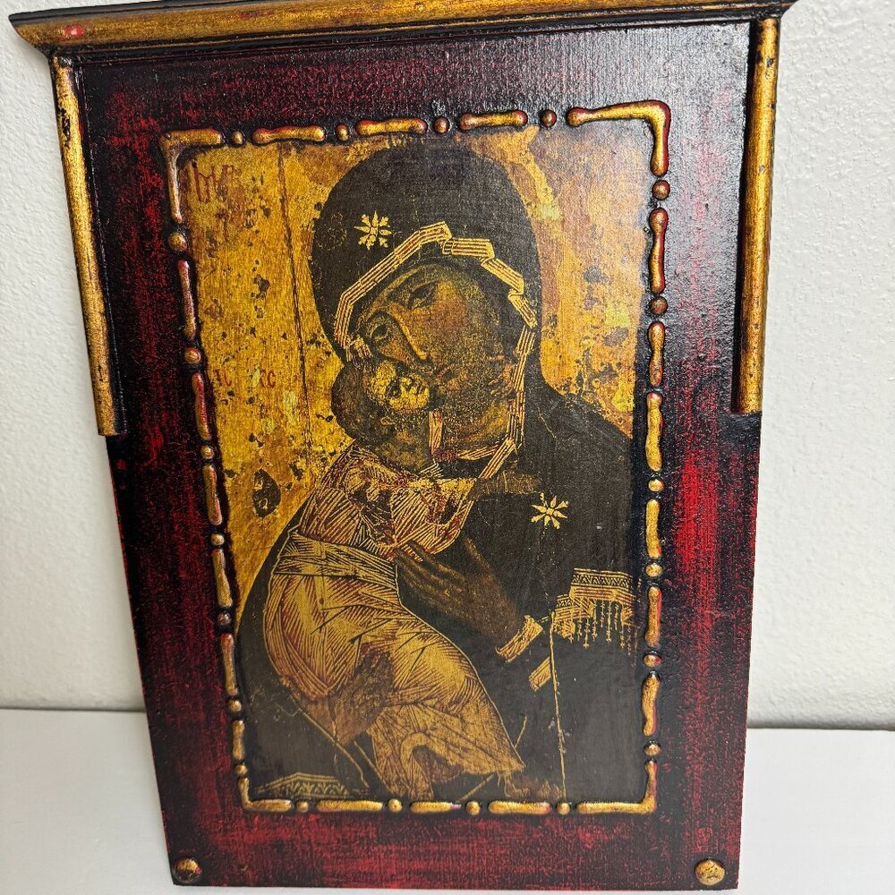 Antique Orthodox Religious Mother Of God Virgin Mary Wooden  Icon